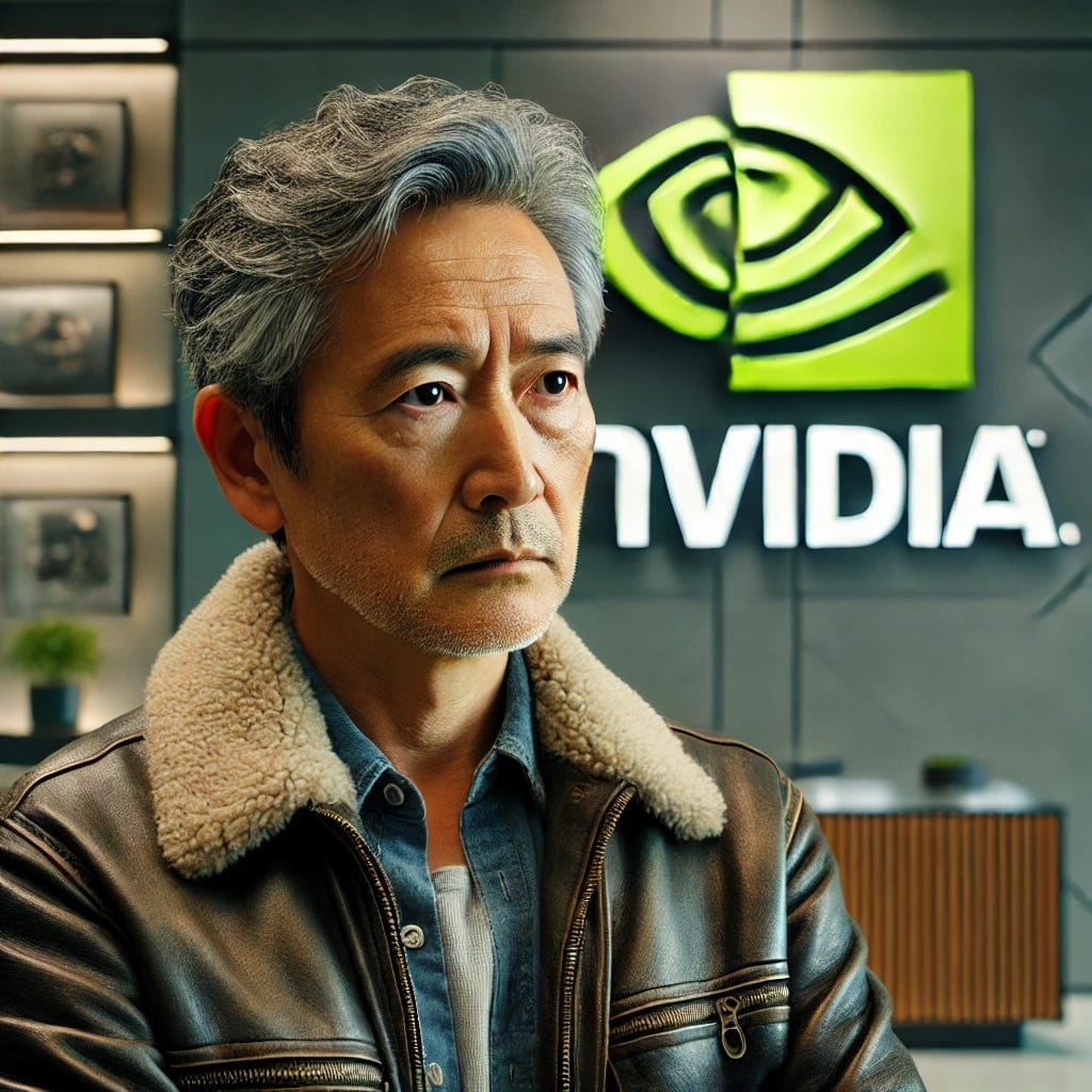 A worried Asian man in his 60s, wearing a leather jacket, stands in front of a large NVIDIA logo. The setting is an office environment with modern decor, reflecting a technology company. The man has short, slightly graying hair and a contemplative expression. He appears deep in thought, perhaps concerned about the future, standing slightly off-center with the NVIDIA logo prominently displayed in the background. The overall mood of the image is one of introspection and subtle tension.