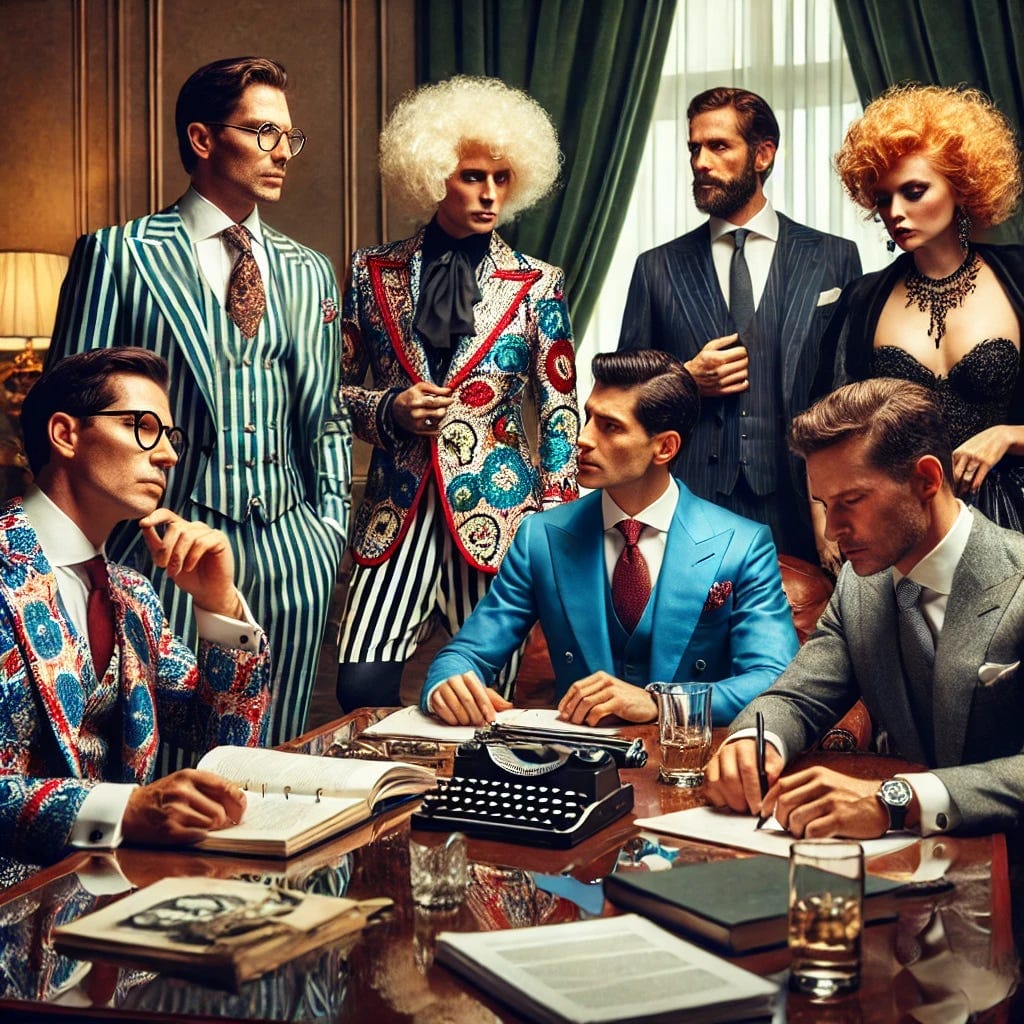 A sophisticated meeting scene with an eclectic group of power players in a luxurious setting. The scene includes a diverse cast: a Wall Street executive in sharp business attire, an outspoken political supporter dressed flamboyantly, a Silicon Valley entrepreneur with a tech-savvy look, a lobbyist with papers in hand, and an academic in professorial garb. They are gathered in a posh room with a large table, discussing intensely. This image captures a moment of strategic conversation among influential figures in a high-stakes setting.