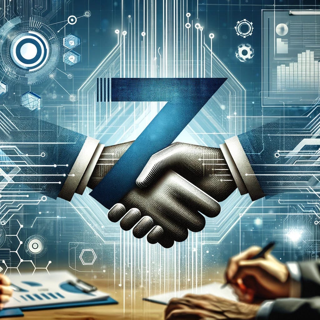 A corporate-themed image featuring a fictional tech company logo, designed to resemble a stylized 'Z' with a digital or tech-inspired aesthetic. The background includes elements representing mergers and acquisitions, such as two hands shaking, documents with charts, and abstract symbols of integration and networks, conveying a theme of corporate synergy and technology. The color scheme includes shades of blue and grey, suggesting professionalism and innovation.